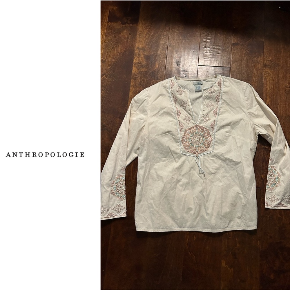 Anthropologie White Cotton Embroidered Peasant Blouse with Pastel Accents